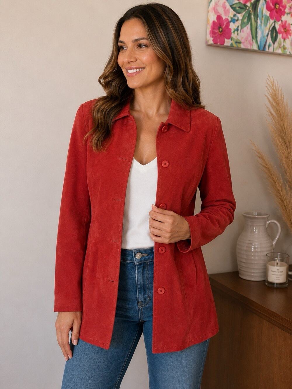 Vintage Bernardo Paprika Red Suede Leather Jacket Womens M Button Front Coat